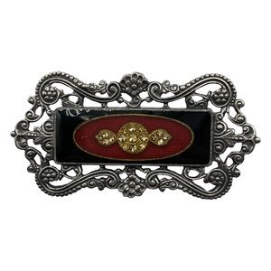 Vintage Victorian Revival Rhinestones Red Black Enamel Silver Large Brooch Pin